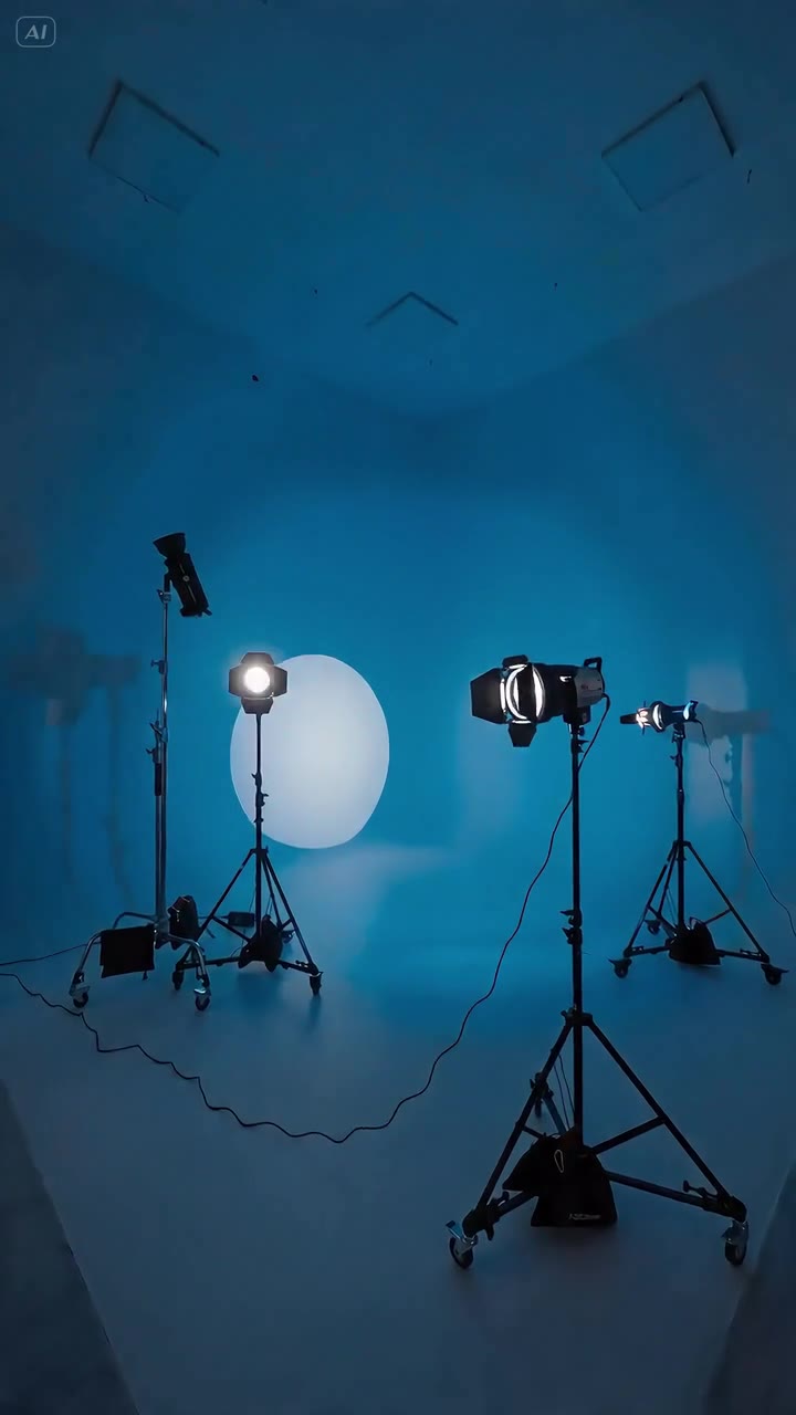 Artlab Studio Ankara filminden mavi ışıkla aydınlatılmış stüdyo ve ışık ekipmanları